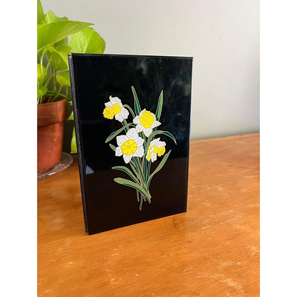 Vintage Acrylic Daffodil Address Book Black Floral Unused 7.5x5
